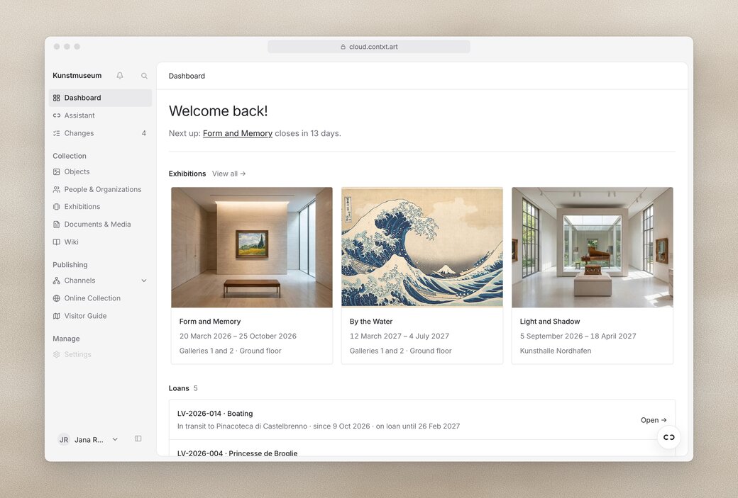 Contxt Workspace: das Dashboard mit dem Menü für Sammlung, Publikation und Assistent sowie den aktuellen Ausstellungen des Museums.