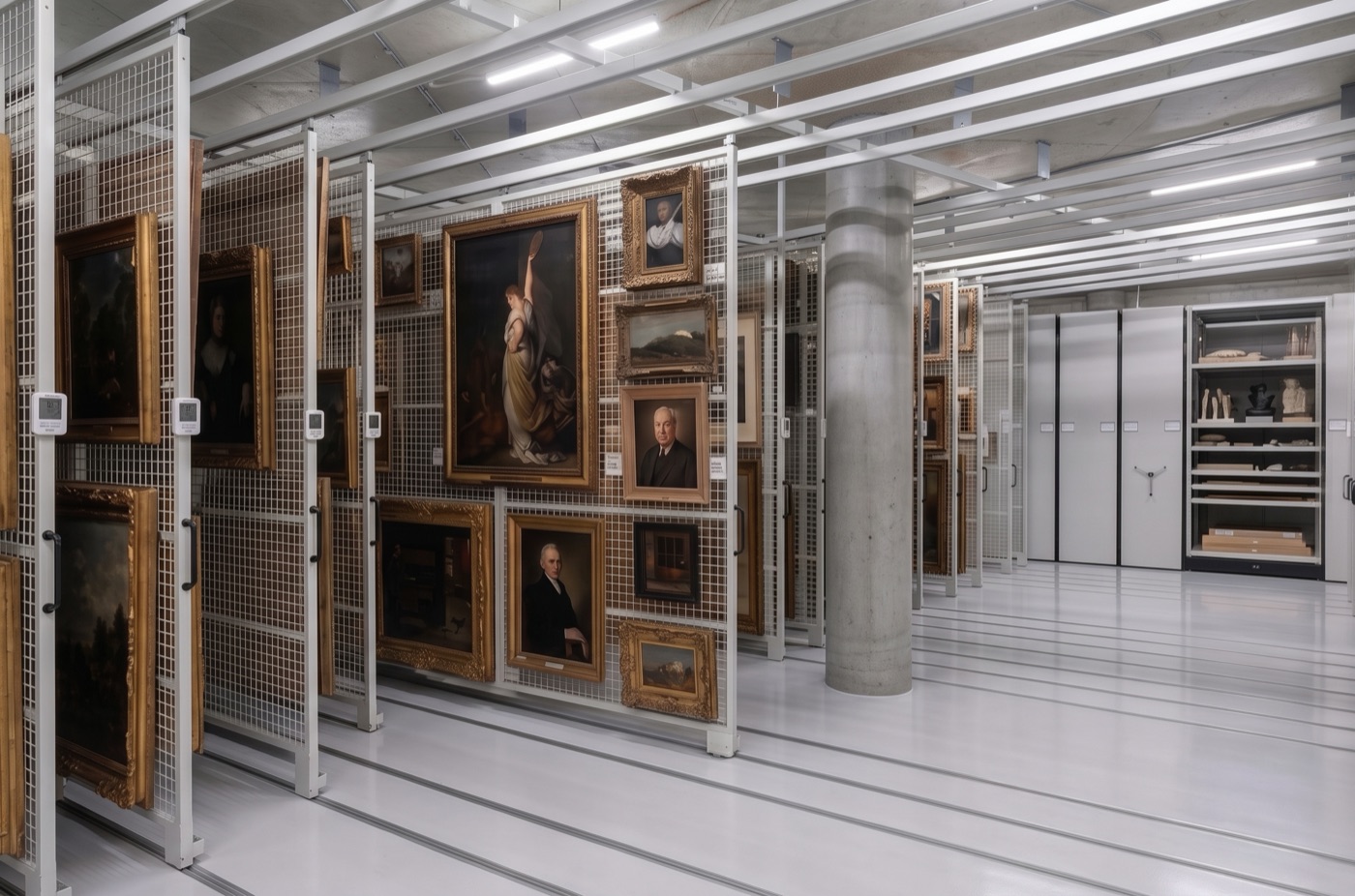 Kunstdepot eines Museums, gerahmte Gemälde auf Schiebegittern