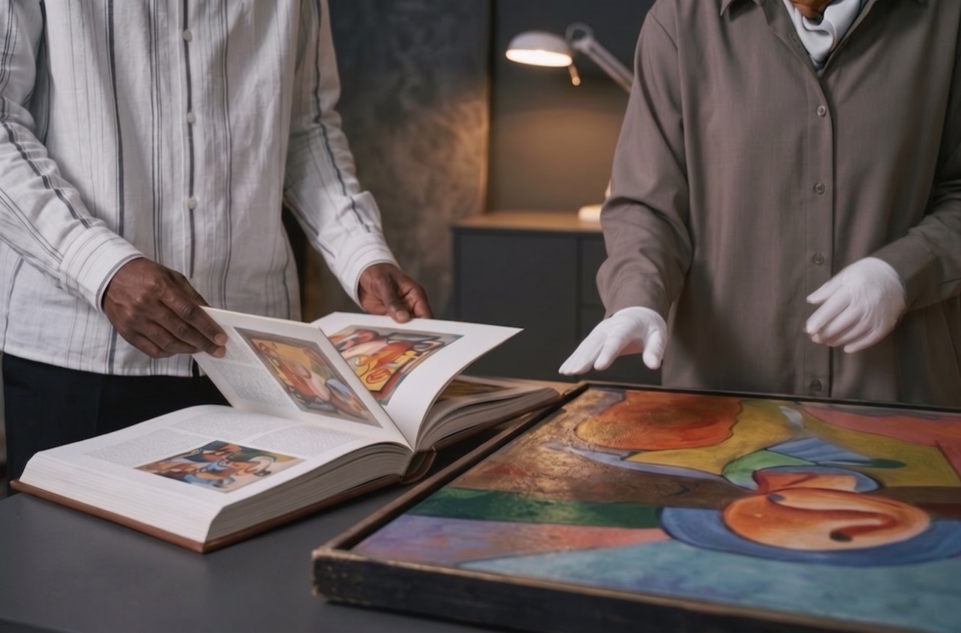 Kuratorinnen studieren einen Ausstellungskatalog über einem Werk