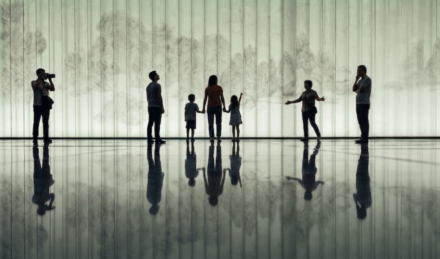 Silhouetten von Museumsbesuchern vor einer beleuchteten Wand